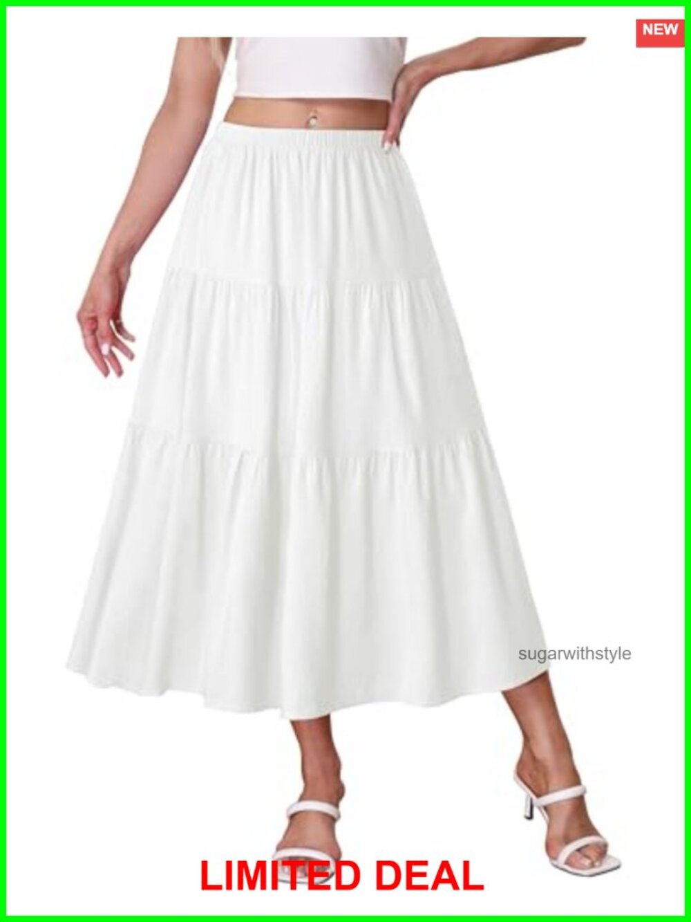 Women's Boho Midi A-Line Flowy Tiered Elastic High Waist Skirt